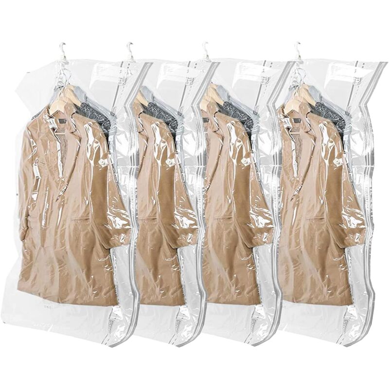 foto del prodotto sjqka confezione da 4 sacchetti sottovuoto per indumenti con ganci, risparmia l 80 di spazio, 70 x 105 cm, trasparenti, adatti per vestiti, abiti,