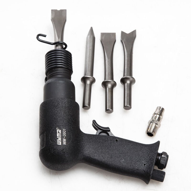 foto del prodotto sjqka kit martello pneumatico a canna corta con supporto a cambio rapido e 3 scalpelli, 4500 bpm, leggero