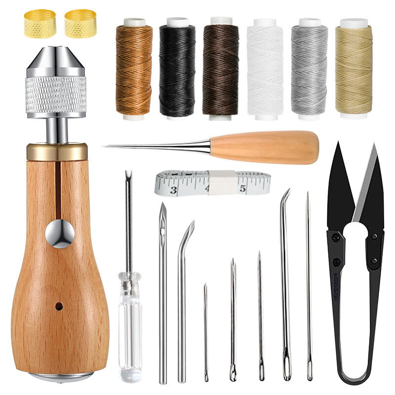 foto del prodotto sjqka kit per cucire la pelle con punteruolo, rotoli di filo cerato, anello in ottone, aghi per cucire a mano fai da te per la riparazione di