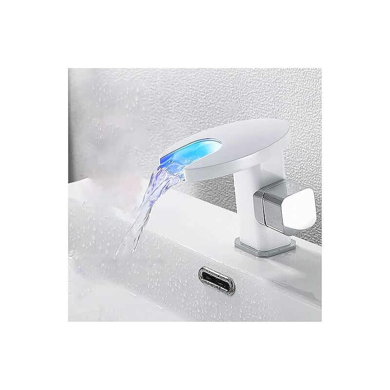 foto del prodotto sjqka miscelatore per lavabo con luce a led, rubinetto per bagno, rubinetto per lavabo in ottone, rubinetto per lavabo montato sul ponte con acqua