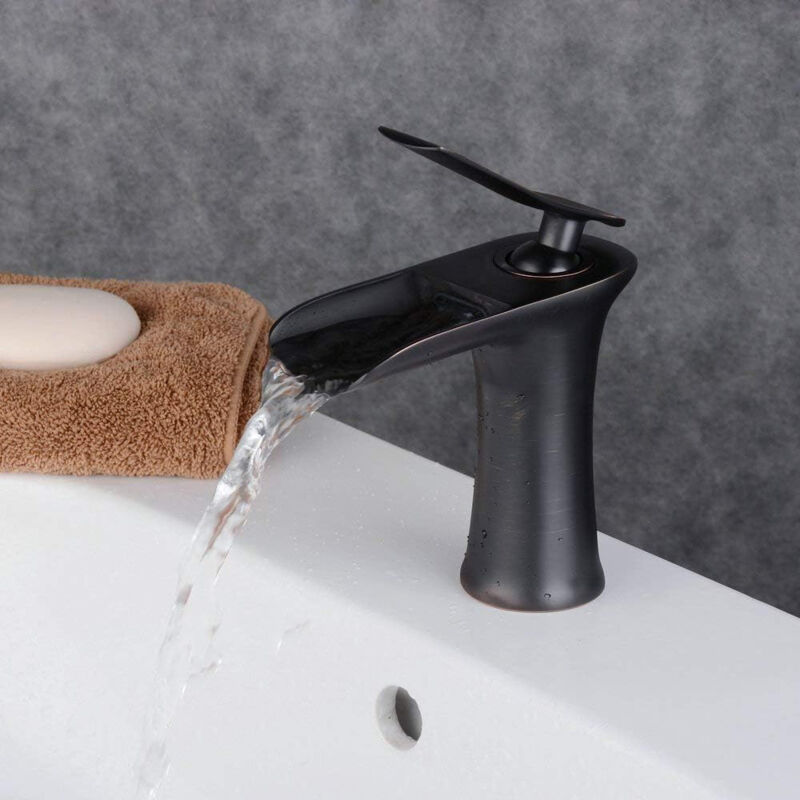 foto del prodotto sjqka rubinetto a cascata dal design moderno, rubinetto per il bagno, rubinetto per lavabo con maniglia singola per mobiletto e lavandino del bagno