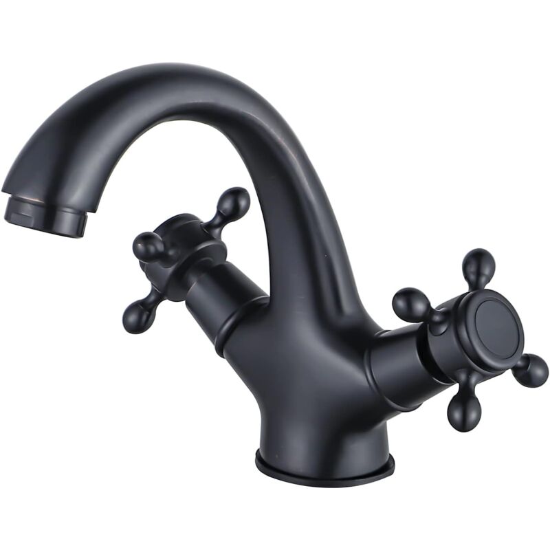foto del prodotto sjqka rubinetto da bagno retr nero, ottone anticato, rubinetto per lavabo a due maniglie, rubinetto da bagno, miscelatore in stile rustico,