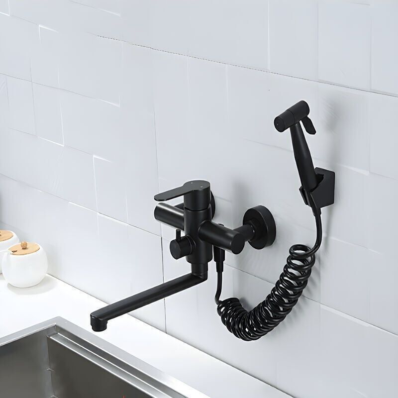 foto del prodotto sjqka rubinetto da cucina a parete in acciaio inossidabile nero di alta qualit , facile da installare, doppio controllo della temperatura,