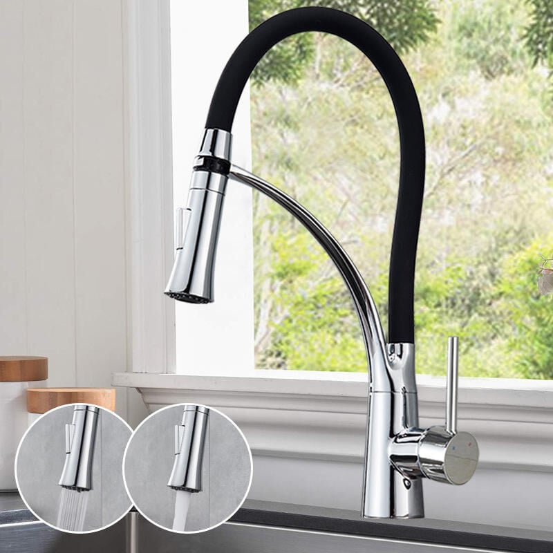 foto del prodotto sjqka rubinetto da cucina, miscelatore flessibile con beccuccio girevole a 360 con tubo flessibile in silicone nero, con doccetta estraibile e