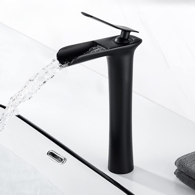 foto del prodotto sjqka rubinetto moderno per lavabo alto a cascata nero, miscelatore per lavabo alto in ottone, rubinetto a cascata per acqua calda e fredda