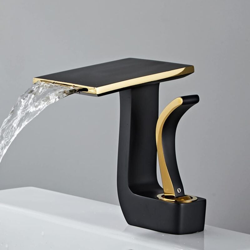 foto del prodotto sjqka rubinetto per lavabo a cascata, rubinetto per acqua calda e fredda, miscelatore per lavabo, rubinetto monocomando per lavabo, ottone nero 