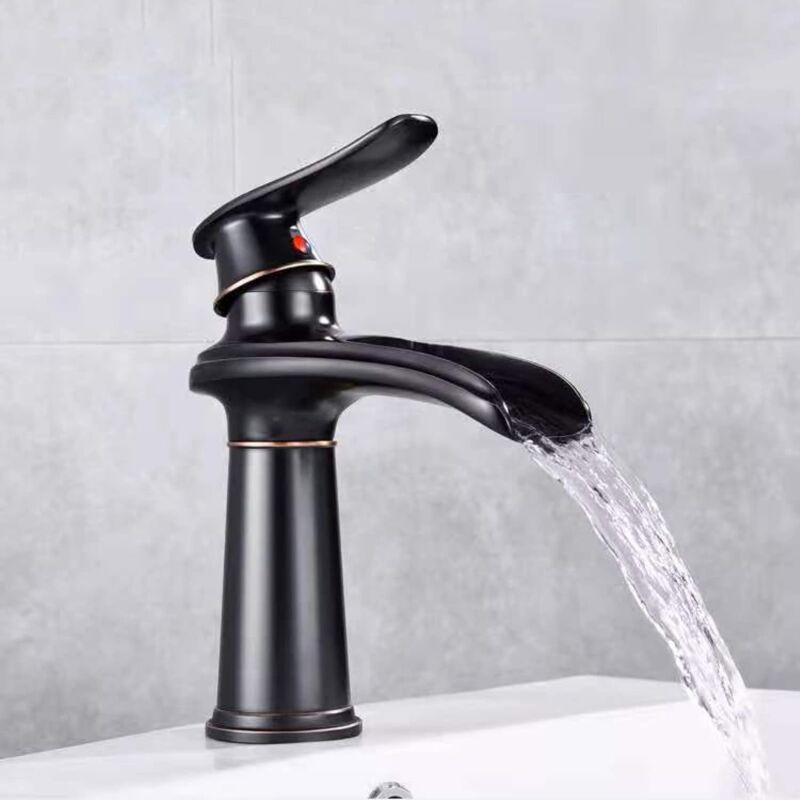 foto del prodotto sjqka rubinetto per lavabo antico a cascata, in ottone massiccio, miscelatore per lavabo caldo e freddo, rubinetto per lavabo con maniglia singola,
