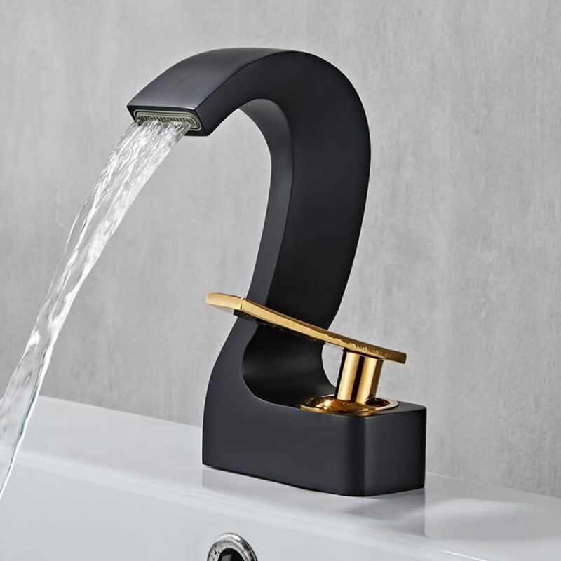 foto del prodotto sjqka rubinetto per lavabo da bagno con acqua calda e fredda, rubinetto per bagno in ottone nero, rubinetto per lavabo dorato, miscelatore da piano
