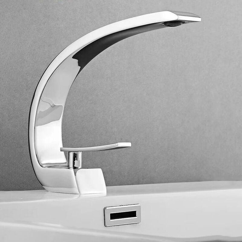 foto del prodotto sjqka rubinetto per lavabo da bagno cromato con tubo flessibile di alimentazione, rubinetto per lavabo monoforo dal design unico, argento