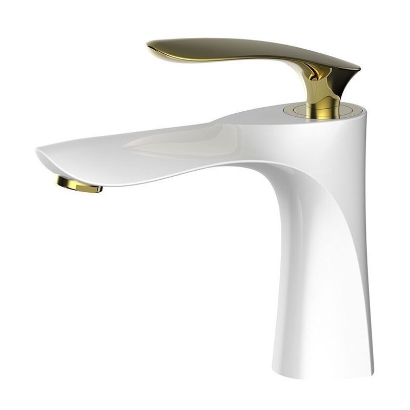 foto del prodotto sjqka rubinetto per lavabo da bagno, finitura bianca, miscelatore cromato oro, rubinetto in ottone a doppia maniglia per lavabo da appoggio con