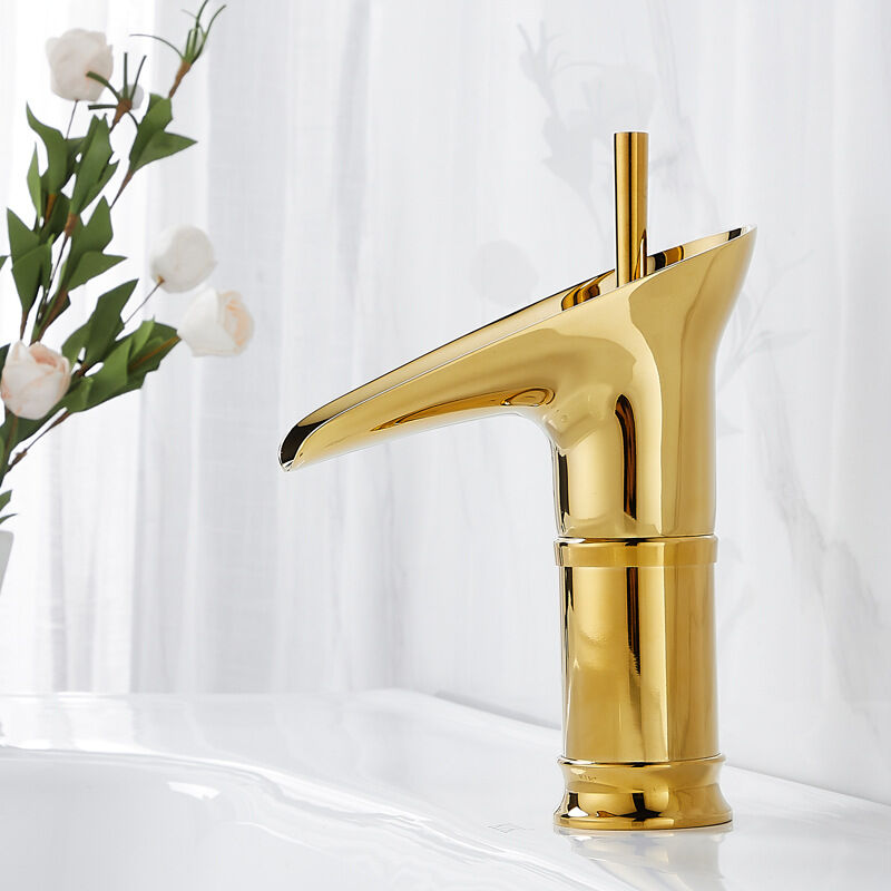 foto del prodotto sjqka rubinetto per lavabo in rame dorato di marca premium, design creativo a forma di calice da vino, controllo della leva universale, ideale per