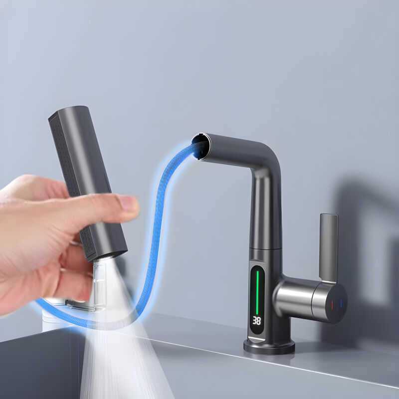 foto del prodotto sjqka rubinetto per lavabo intelligente di lusso display digitale della temperatura rotazione di 360 doppio controllo del freddo e del caldo