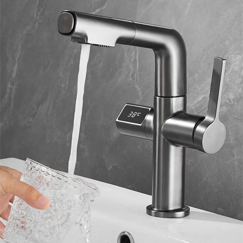 foto del prodotto sjqka rubinetto per lavabo, rubinetto per bagno girevole a 360 , miscelatore per lavabo estensibile con display digitale, rubinetto per bagno con 2