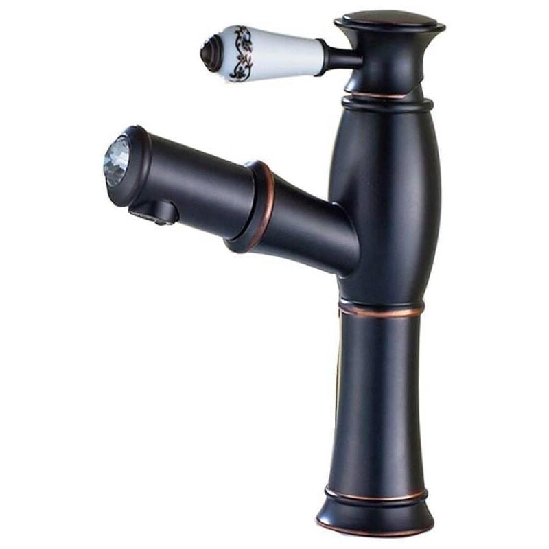 foto del prodotto sjqka rubinetto per lavabo vintage in bronzo nero con doccetta estraibile, miscelatore monocomando, maniglia in ceramica per bagno