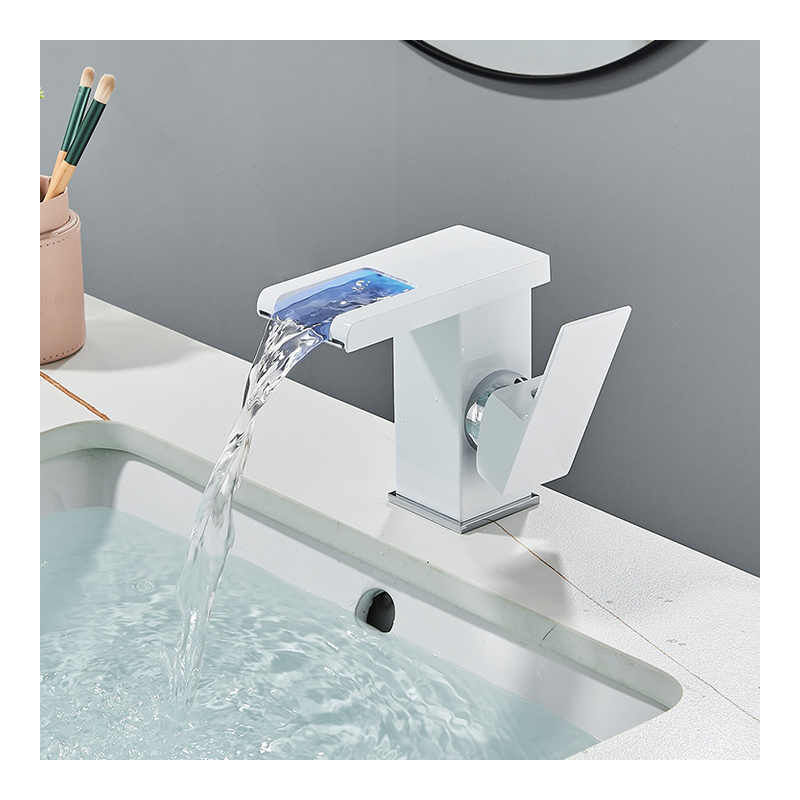 foto del prodotto sjqka rubinetto per lavandino del bagno a led con cascata, acqua calda e fredda bianco 