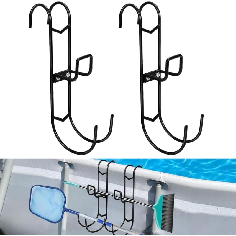 foto del prodotto sjqka set di ganci per piscina, 2 pezzi, contenitore per accessori da piscina, gancio in metallo per piscina, ganci per pali telescopici, spazzole,