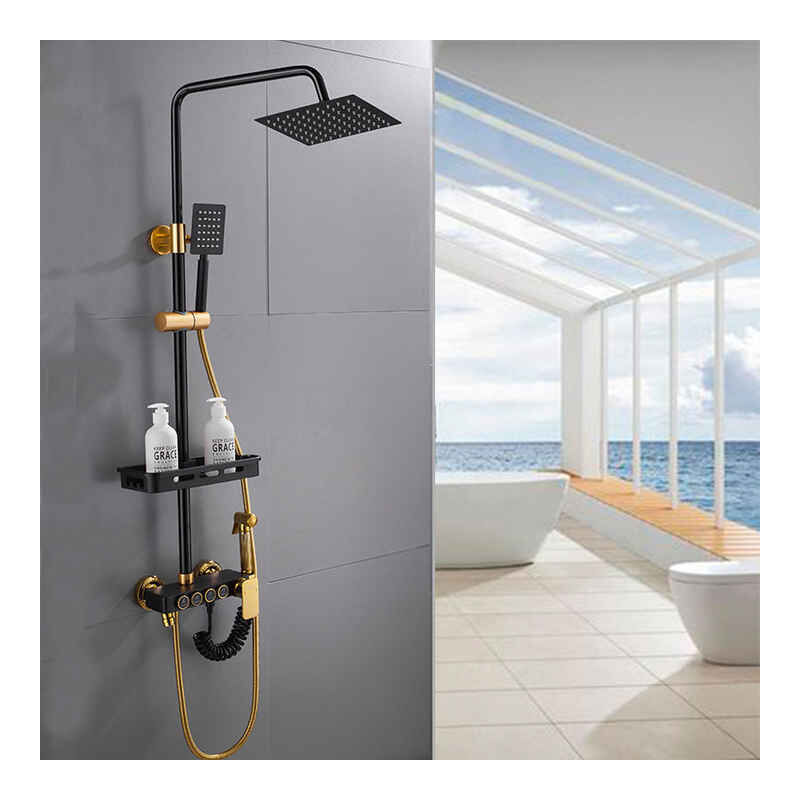 foto del prodotto sjqka set doccia termostatico in ottone nero con sistema doccia dorato a 4 funzioni, rubinetto doccia a parete per bagno
