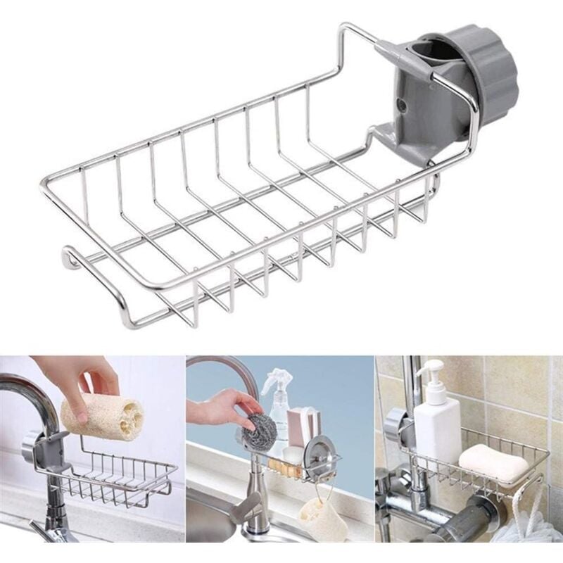 foto del prodotto sjqka supporto per rubinetto da cucina e bagno in acciaio inox, regolabile per sapone, lavandino, stracci, spugne, scolapiatti, portaoggetti,