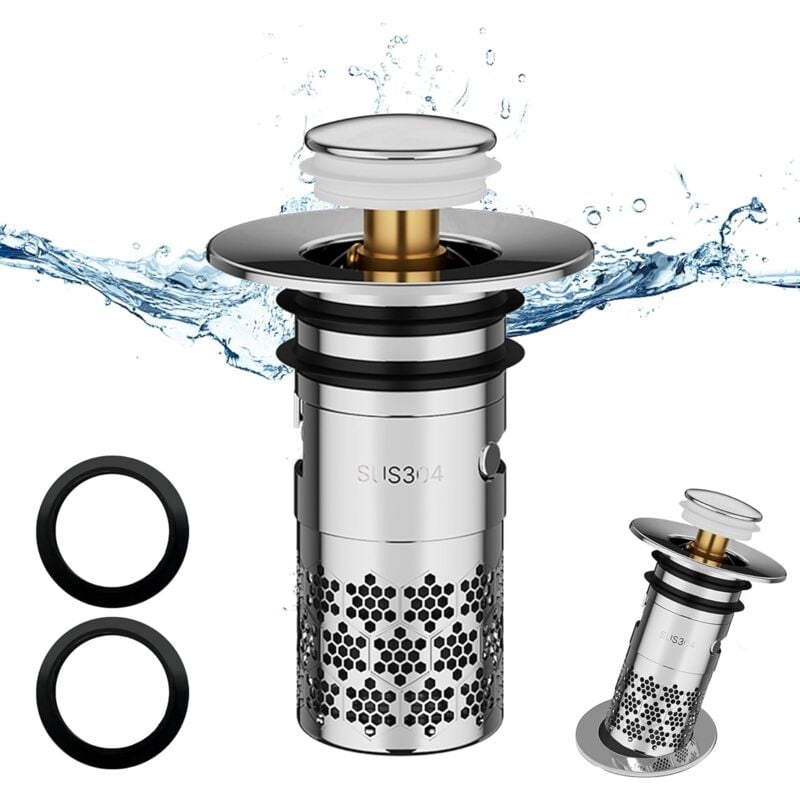 foto del prodotto sjqka tappo per lavello in acciaio inox, tappo di scarico universale a scomparsa, tappo di scarico migliorato, filtro di scarico anti blocco, con