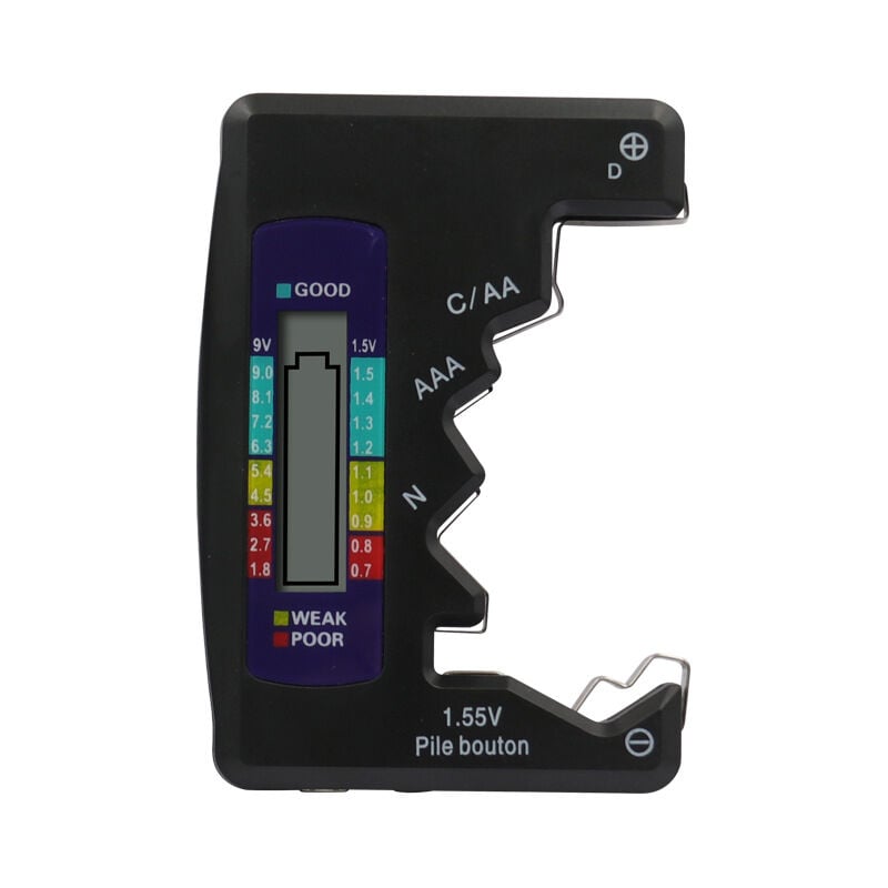 foto del prodotto sjqka tester per batterie ricaricabili e pile, visualizza lo stato di carica, adatto per c, aa, aaa, d, n, 9v 6f22 1,5v nero