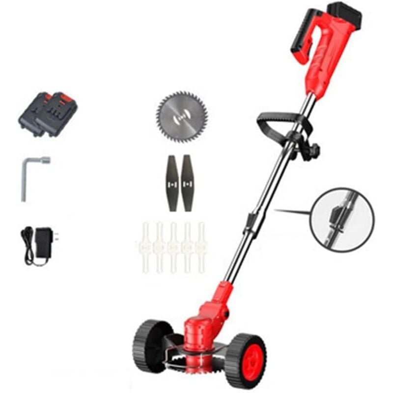 foto del prodotto sjqka tosaerba a batteria da 24 v 650 w 2 batterie da 7500 mah asta telescopica da 90 135 cm angolo regolabile 3 tipi di lame ruote e