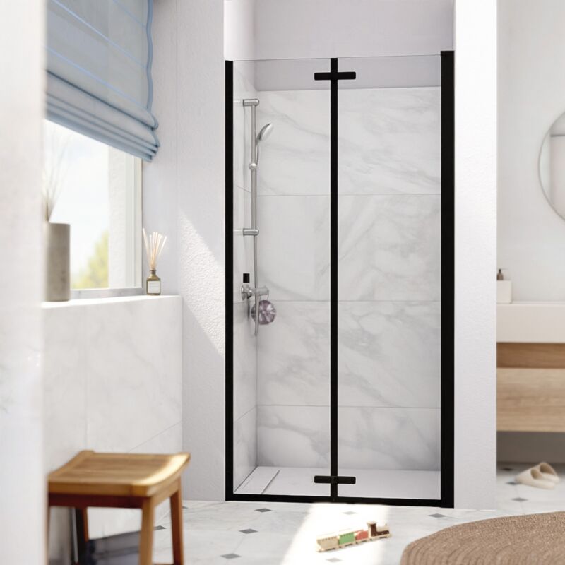 foto del prodotto sk 90x196cm porta doccia pieghevole a soffietto anticalcare con profilo nero opaco satsk90nikac swiss aqua technologies