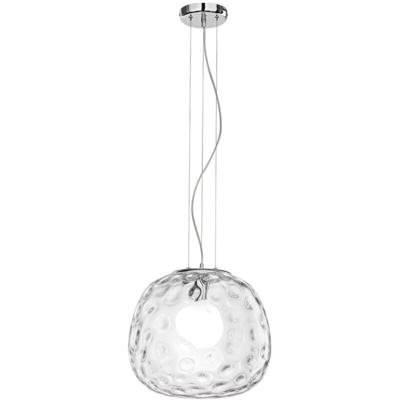 foto del prodotto skin sospensione 1 luce vetro trasparente martellato finitura cromo attacco e27 diametro 40cm