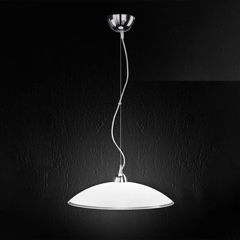 foto del prodotto skirt sospensione 1 luce in vetro bianco lucido finitura cromo attacco e27 diametro 45cm