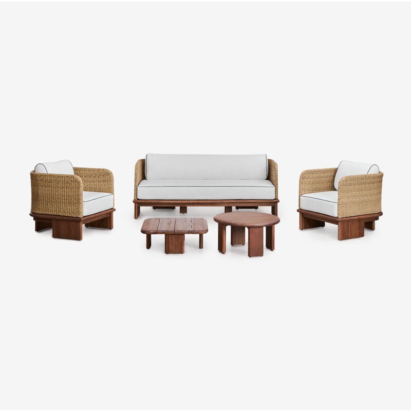 foto del prodotto sklum set da giardino con divano 3 posti, 2 poltrone e 2 tavolini in rattan e legno di acacia famara