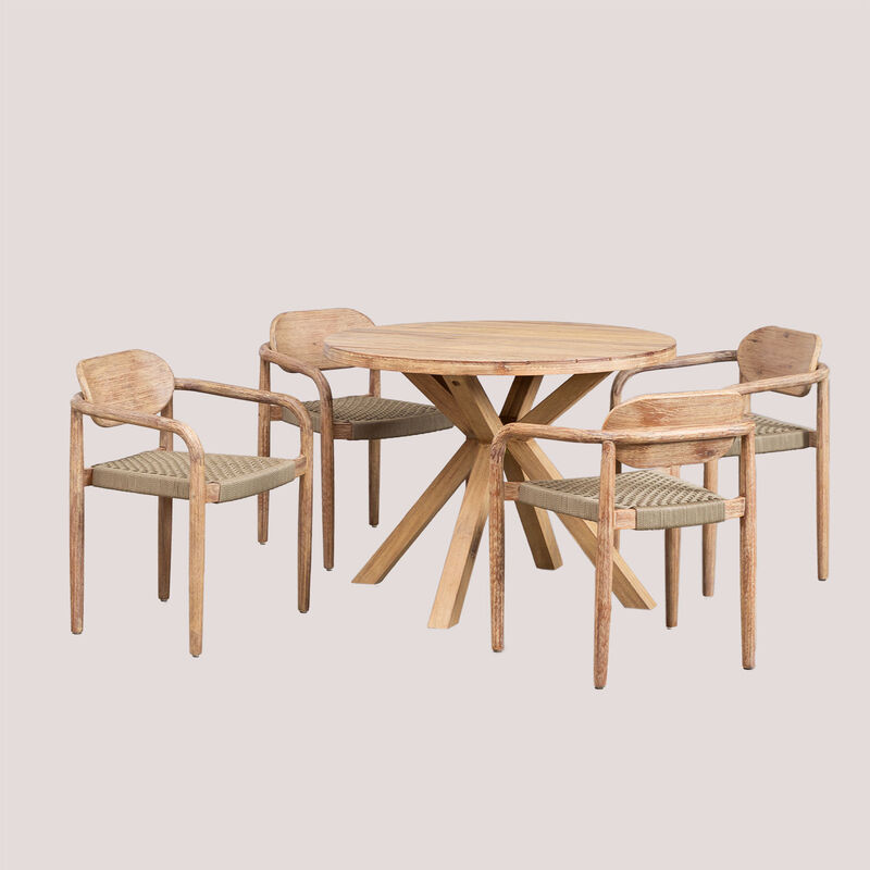 foto del prodotto sklum set tavola rotonda 100 cm e 4 sedie da pranzo con braccioli in legno naele