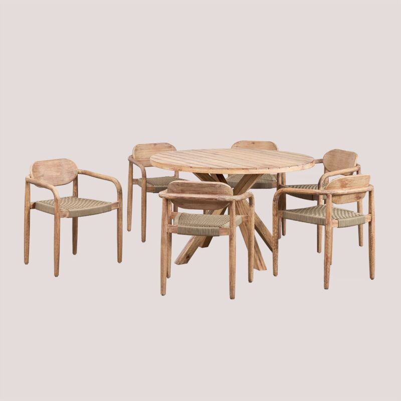 foto del prodotto sklum set tavola rotonda 120 cm e 6 sedie con braccioli da giardino in legno naele