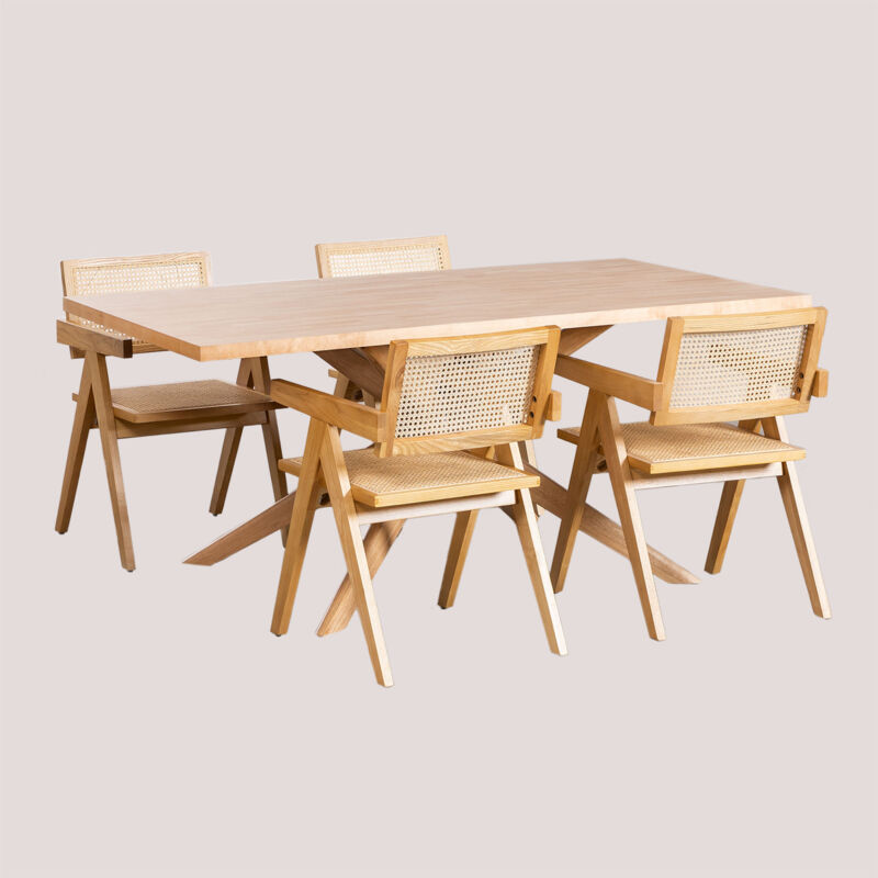 foto del prodotto sklum set tavolo da pranzo rettangolare 180x90 cm arnaiz e 4 sedie con braccioli in legno fresno e rattan stile lali