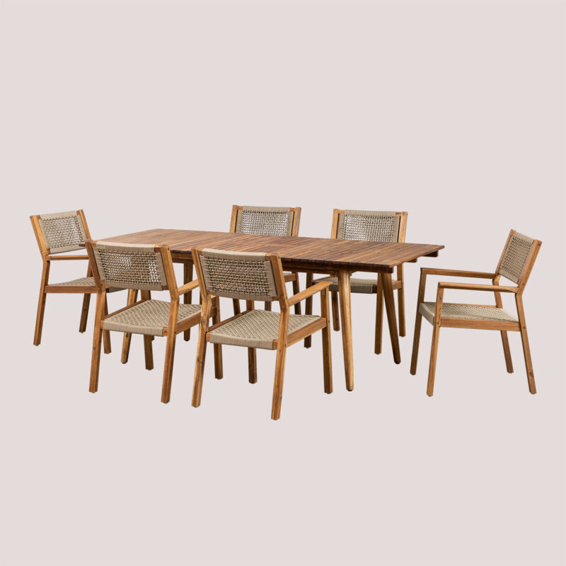 foto del prodotto sklum set tavolo rettangolare 160 210x90 cm allungabile e 6 sedie da pranzo con braccioli in legno di acacia tenay