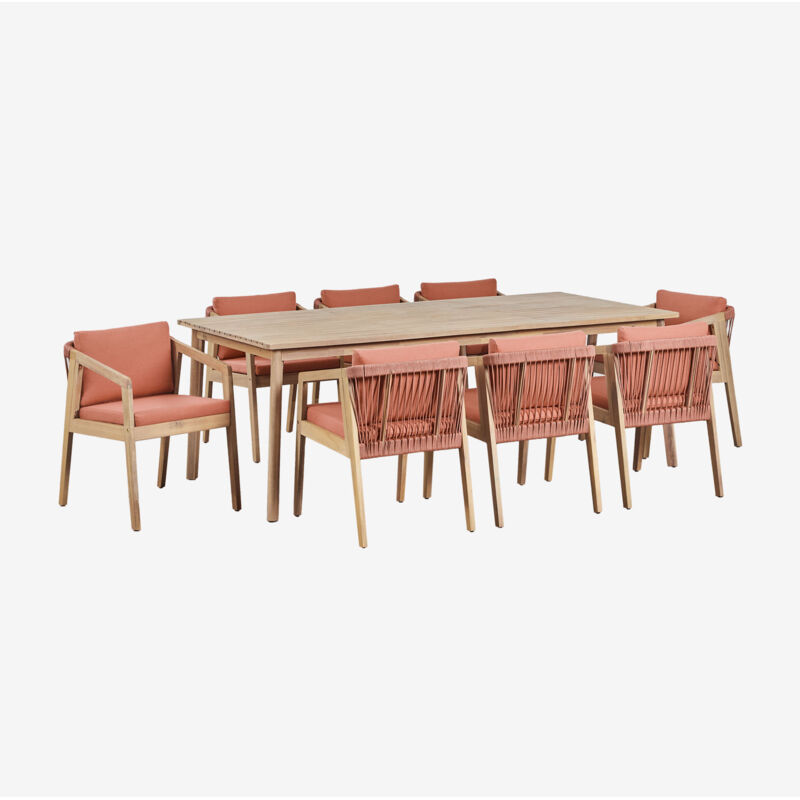 immagine 0 del prodotto sklum set tavolo rettangolare 220x100 cm e 8 sedie da pranzo in legno di acacia e corda intrecciata kaela