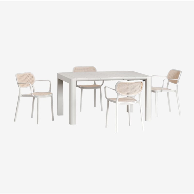foto del prodotto sklum set tavolo rettangolare arnadine 140x100 cm e 4 sedie da pranzo impilabili con braccioli omara