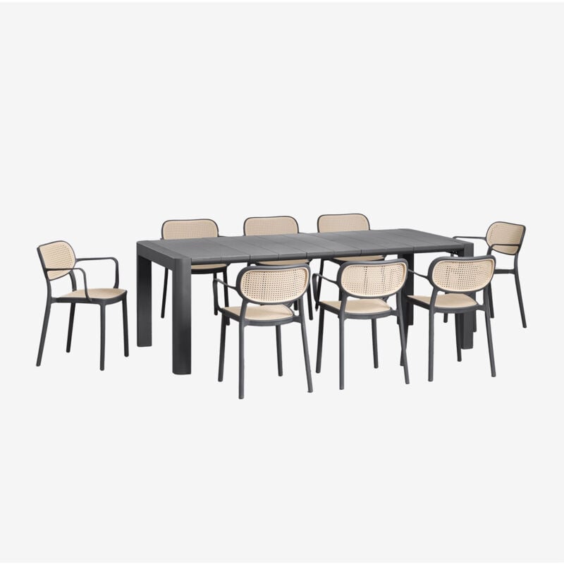 foto del prodotto sklum set tavolo rettangolare arnadine 220x100 cm e 8 sedie da giardino impilabili omara con braccioli