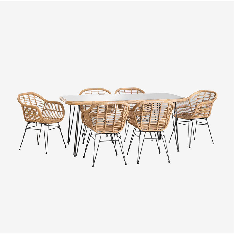 foto del prodotto sklum set tavolo rettangolare in vimini sintetico leribert 180x90 cm e 6 sedie da giardino zole in vimini sintetico