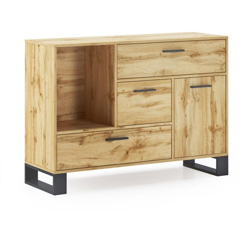 foto del prodotto skraut home credenza buffet sala da pranzo, arredamento ausiliario buffet loft 1 porta, 3 cassetti, tutti in colore rovere rustico. misure 