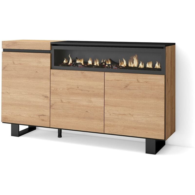 foto del prodotto skraut home credenza, mobile, cucina, madia, mobile ingresso, 150x87x35cm, 3 porte, camino elettrico, design industriale, stile moderno, rovere e