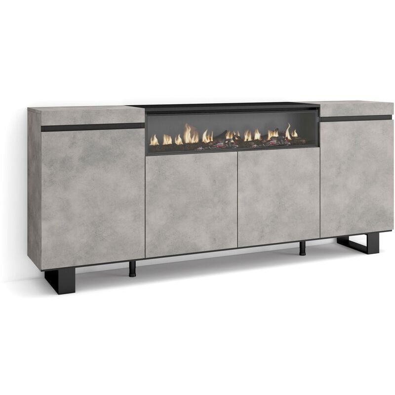 foto del prodotto skraut home credenza, mobile, cucina, madia, mobile ingresso, 200x87x35cm, 4 porte, camino elettrico, design industriale, stile moderno, grigio