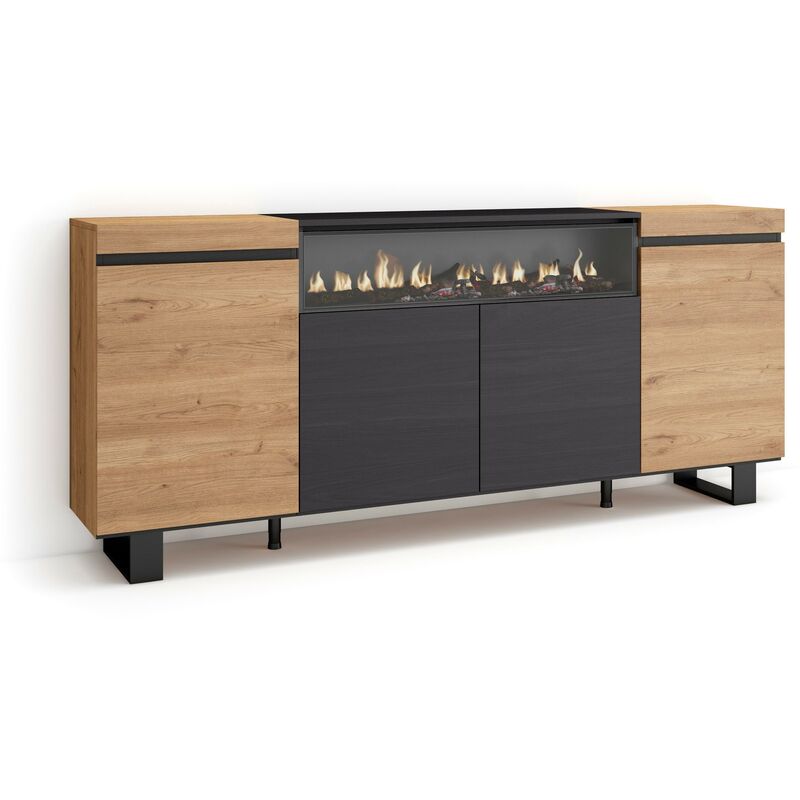 foto del prodotto skraut home credenza, mobile, cucina, madia, mobile ingresso, 200x87x35cm, 4 porte, camino elettrico, design industriale, stile moderno, rovere e