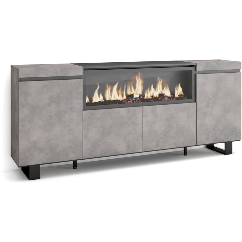 foto del prodotto skraut home credenza, mobile, cucina, madia, mobile ingresso, 210, 4 porte, camino elettrico xxl, design industriale, stile moderno, grigio cemento