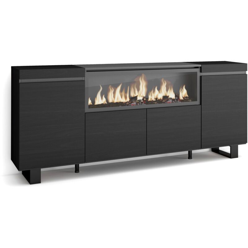 foto del prodotto skraut home credenza, mobile, cucina, madia, mobile ingresso, 210, 4 porte, camino elettrico xxl, design industriale, stile moderno, nero