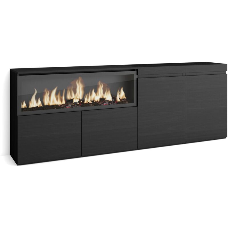 foto del prodotto skraut home credenza, mobile, cucina, madia, mobile ingresso, 210, 4 porte, camino elettrico xxl, stile moderno, nero