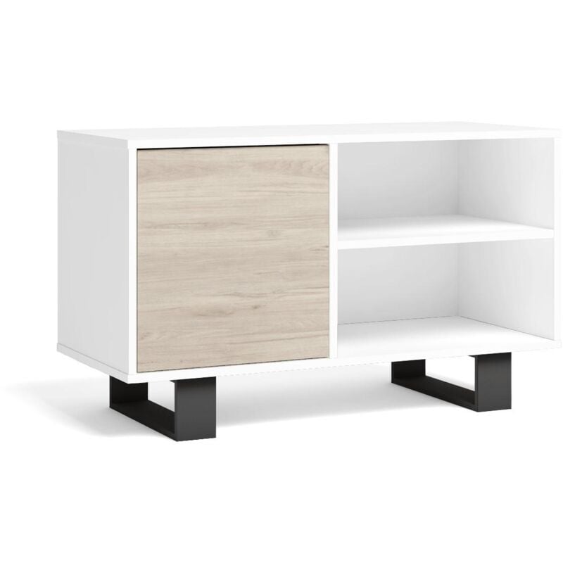 foto del prodotto skraut home mobile tv 100 con porta a sinistra, salotto soggiorno, modello wind, colore struttura bianco, colore porta rovere, dimensioni