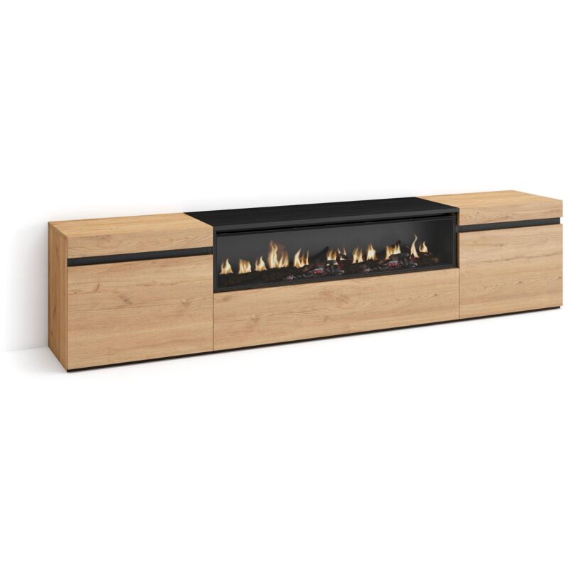 foto del prodotto skraut home mobile tv soggiorno, ampio spazio a disposizione, 200x45x35cm, per tv fino a 80 , camino elettrico, stile moderno, rovere e nero