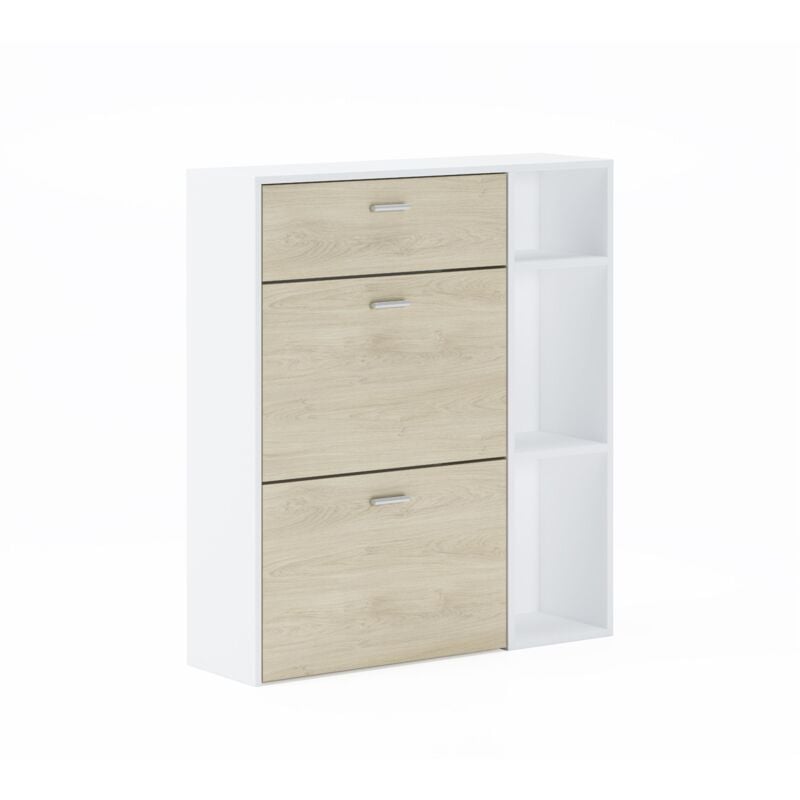 foto del prodotto skraut home mobiletto portascarpe wind, struttura colore bianco, colore rovere nelle 2 porte basculanti e cassetto, misure 90x26x101,5cm di altezza.