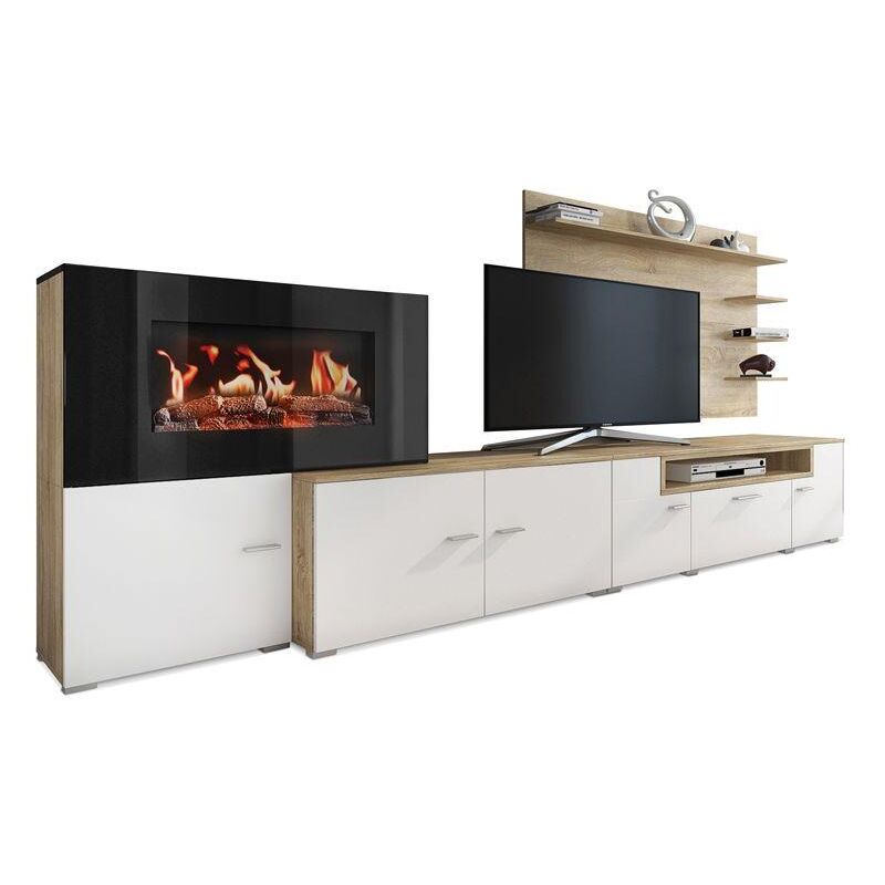 foto del prodotto skraut home mobili da soggiorno con camino elettrico a 5 livelli di fiamme, finitura bianco opaco e rovere chiaro spazzolato, misure 290 x 170 x