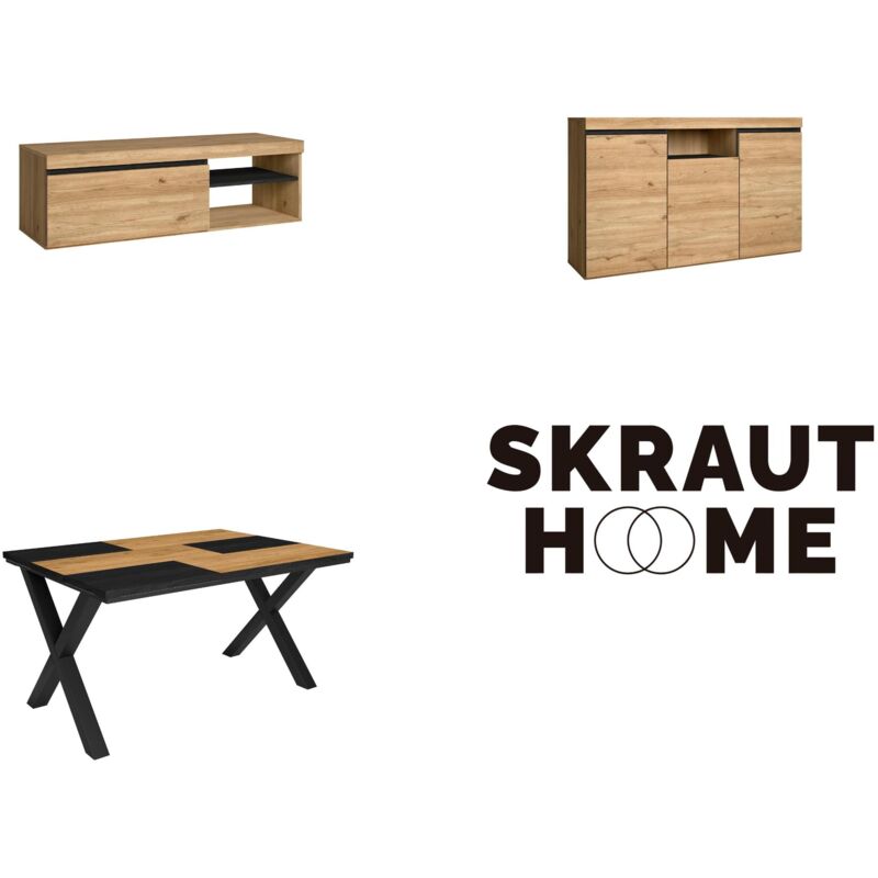 foto del prodotto skraut home set di mobili per il soggiorno, tavolo 140 bicolore piedi x 6 commensali, mobile tv 120, madia credenza 140, rovere e nero, stile