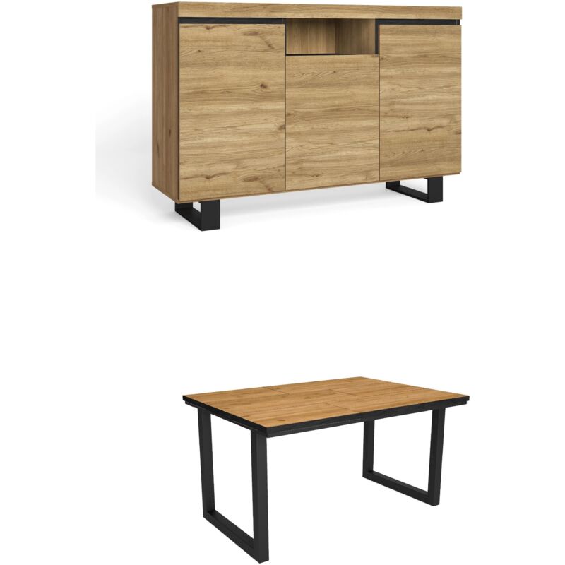 foto del prodotto skraut home set di mobili per il soggiorno, tavolo 140 frontale nero piedi u 6 commensali, credenza sideboard 140 tall, rovere e nero, stile